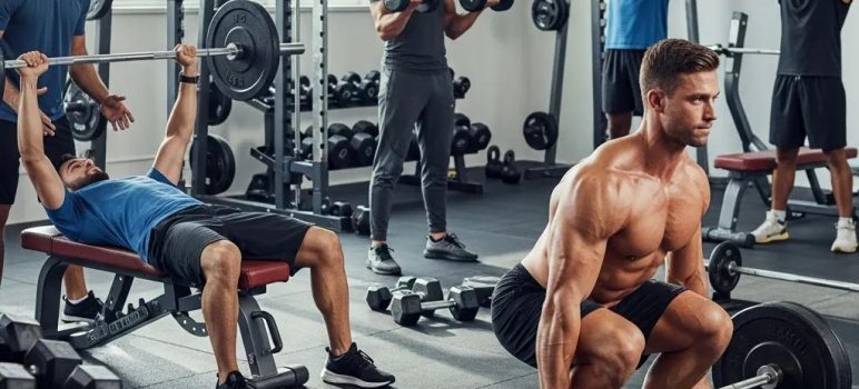 Group of men lifting weights in a gym, representing muscle gain and testosterone boosters